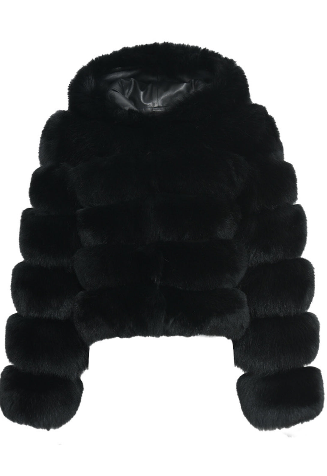 SERINA black Hooded Fox Fur Coat for woman in soft luxury fur for winter, with bold horizontal panels and a generous fur hood