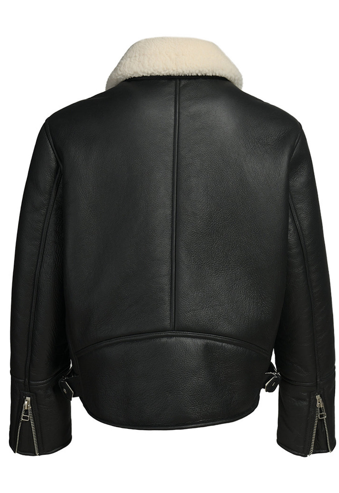 Back view of black aviator leather jacket with shearling collar and zipper details.