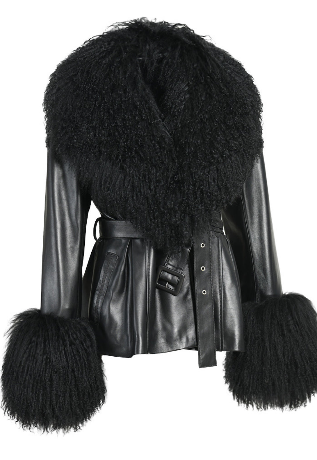 Fashionable black leather jacket for woman featuring soft Mongolian fur trim.