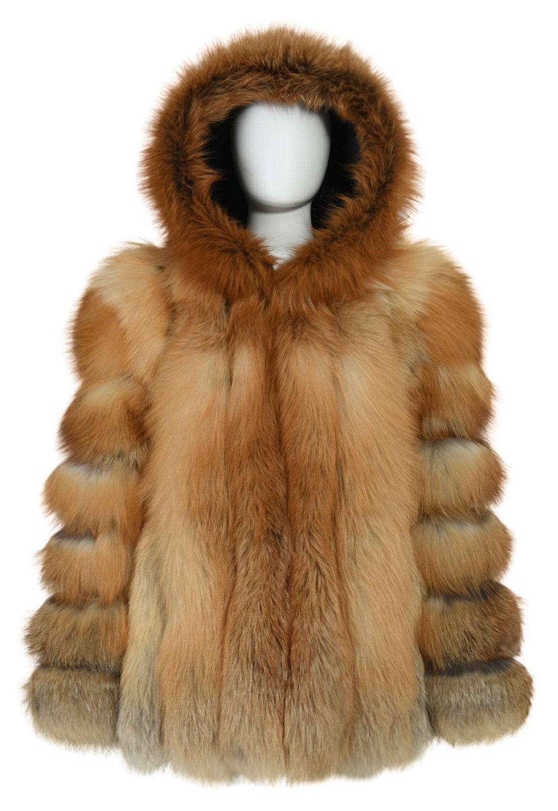 Luxurious MADDEN red fox fur coat for women, featuring a cozy hood and rich, vibrant fur for an opulent and stylish look.