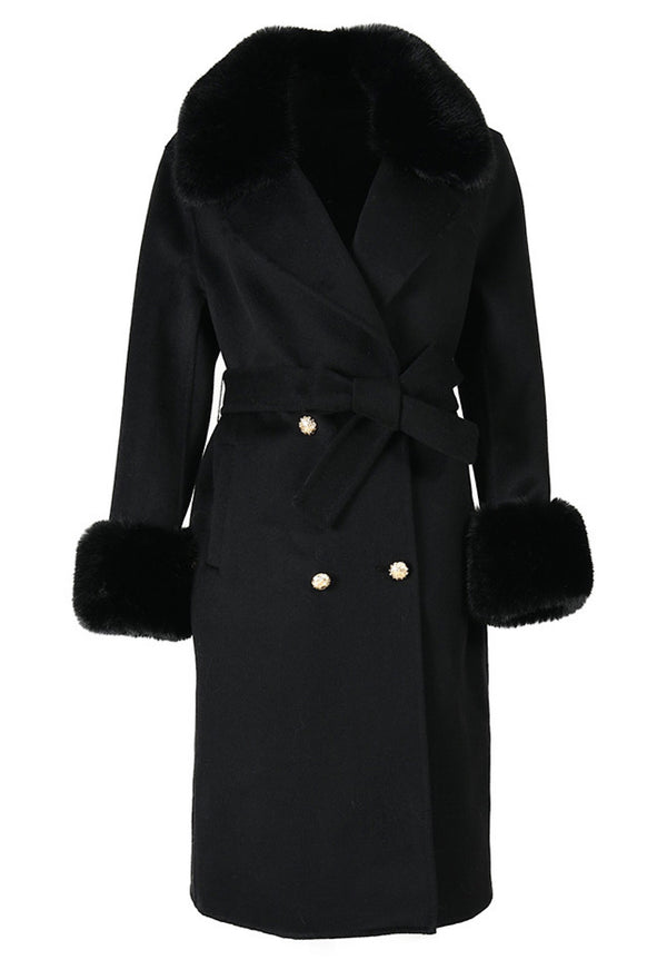 Elegant black cashmere coat with luxurious faux fur trim, featuring a sleek design and tailored fit for a sophisticated look.