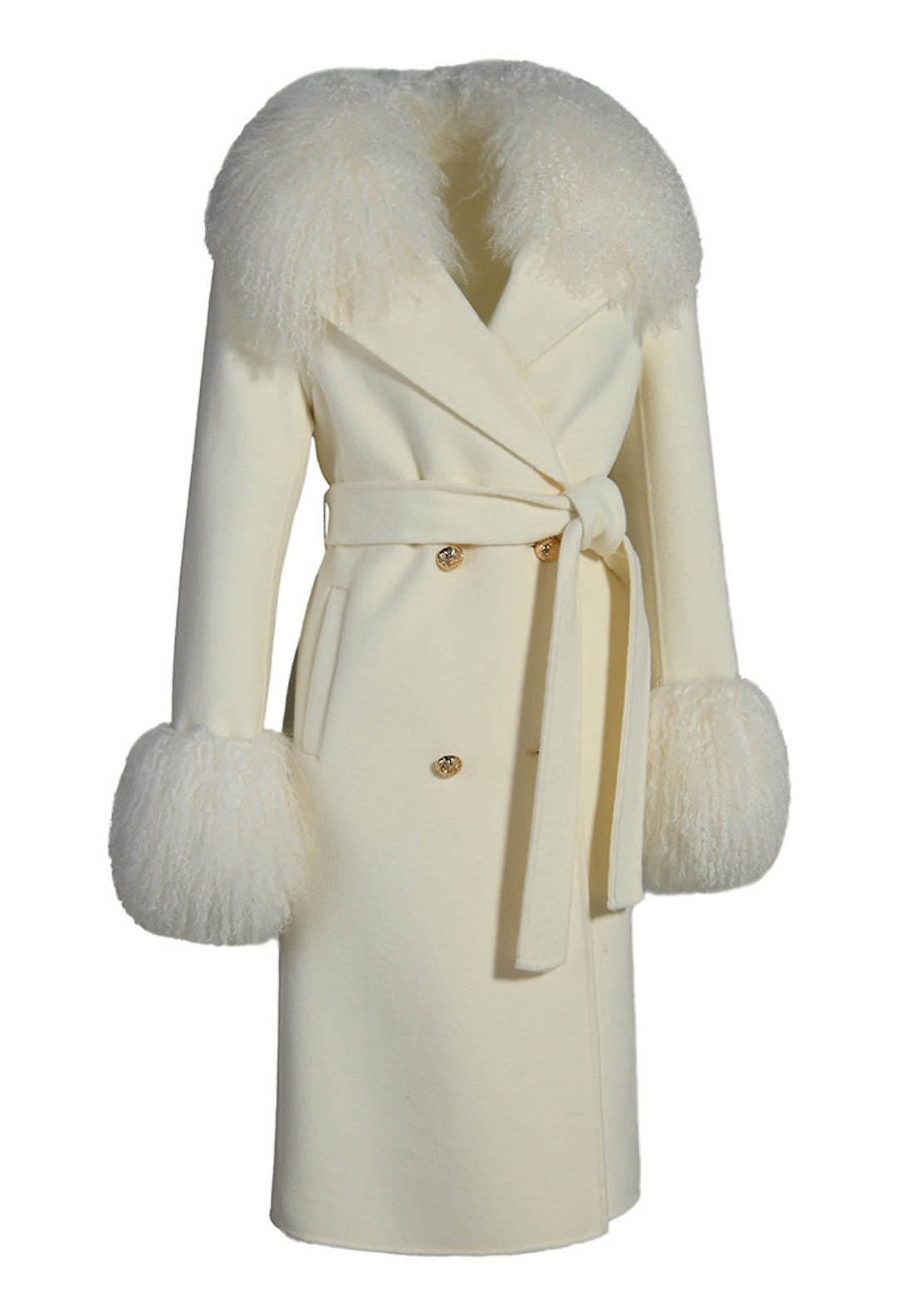 Chic off-white cashmere coat featuring soft Mongolian fur trim and cashmere belt. 