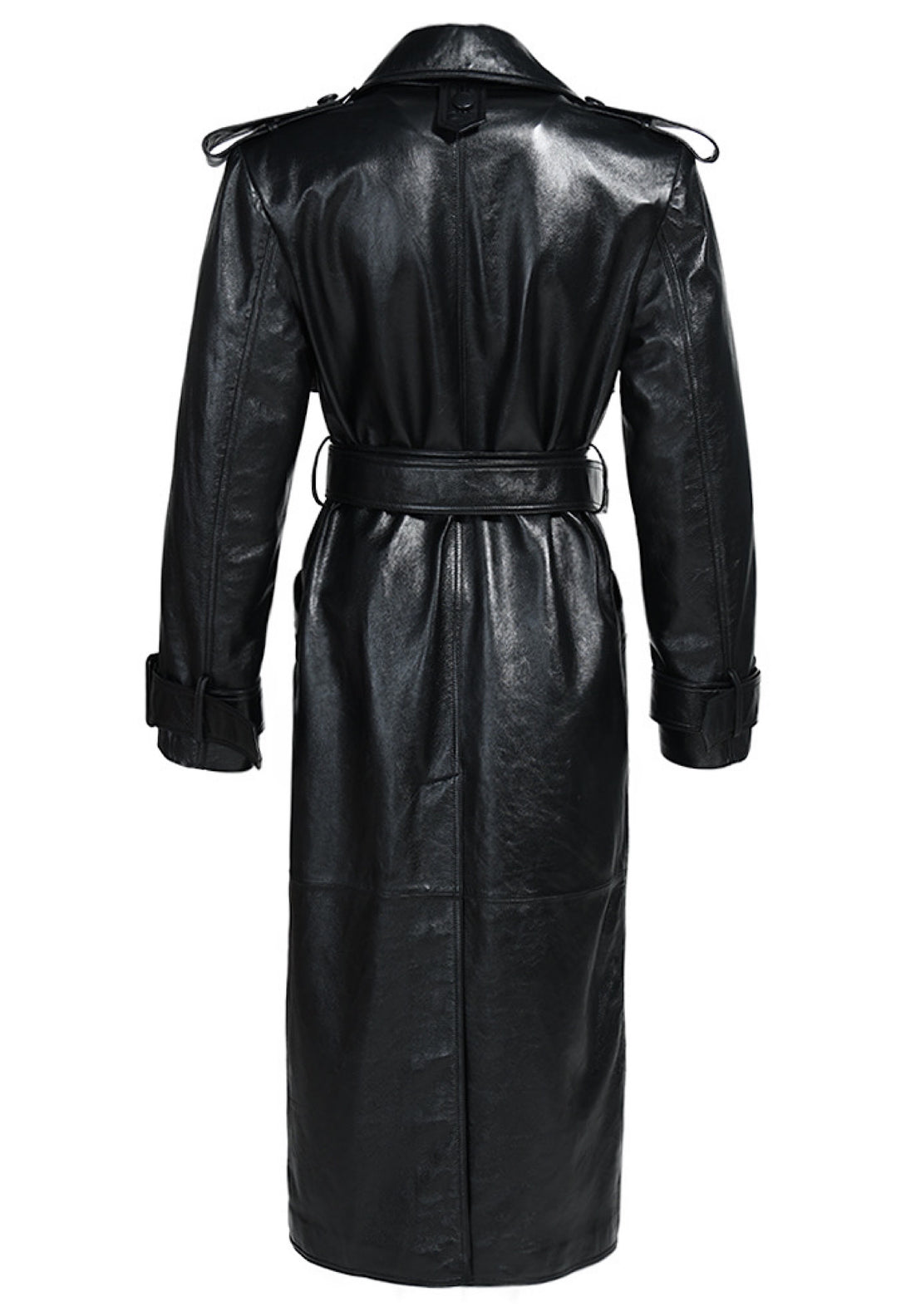 Chic long leather trench coat for woman with detailed wrists, offering a sleek and modern look showcasting the high quality leather .