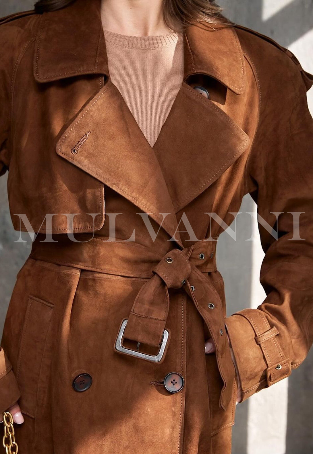 HATTI Suede Leather Trench Coat for woman with velvety texture and double-breasted design, trendy winter designer coat