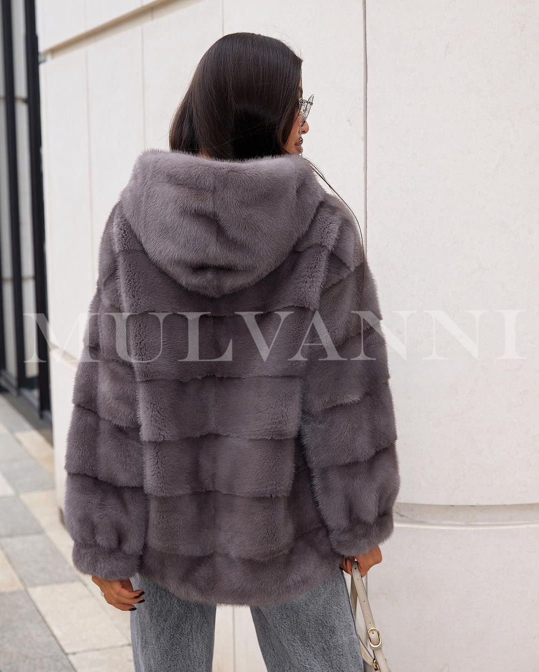 Sporty chic grey mink fur coat for woman with hood.