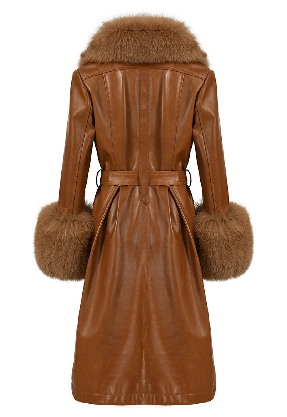 Elegant ADARA brown leather trench coat with fox fur trim, designed for women who appreciate high-quality, designer outerwear.