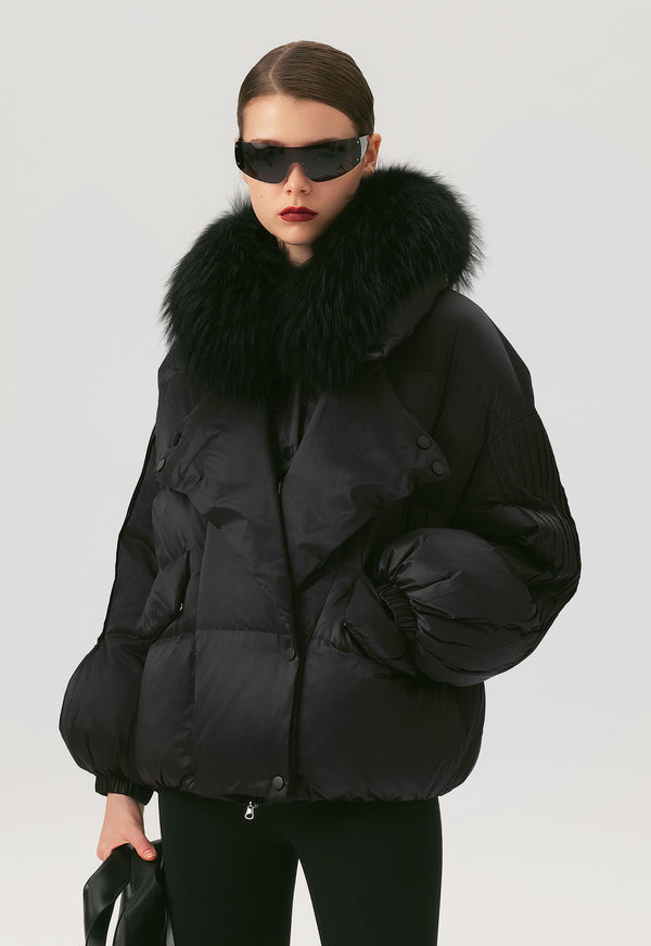 AMBER Black Down Parka with Fur