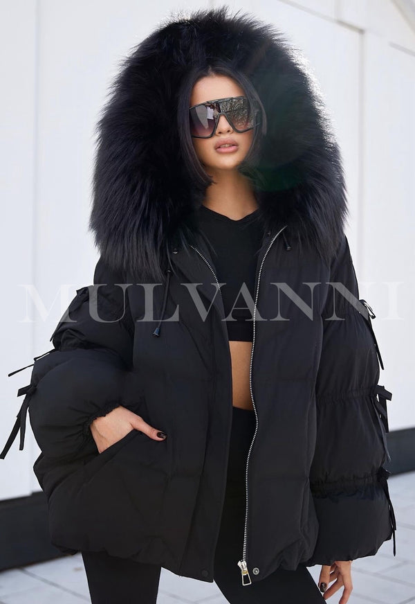 Black Down Fur Jacket with Fox Fur