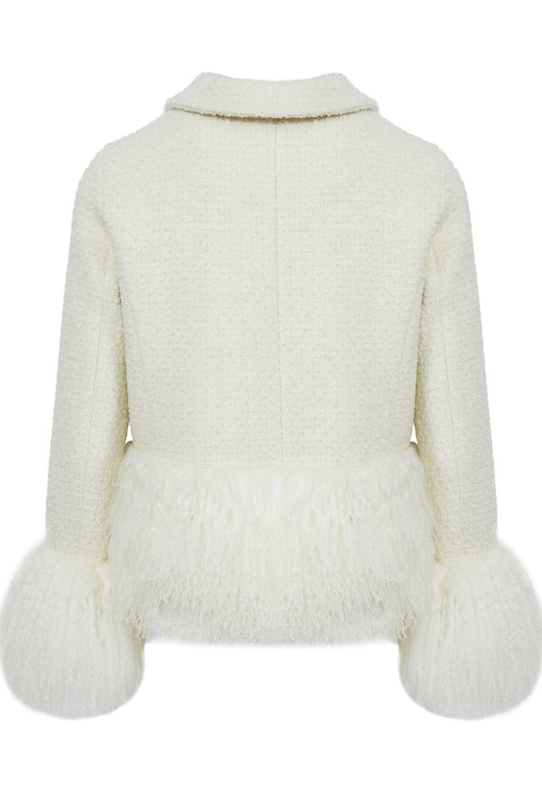 Chic white tweed jacket featuring luxurious Mongolian fur trim.