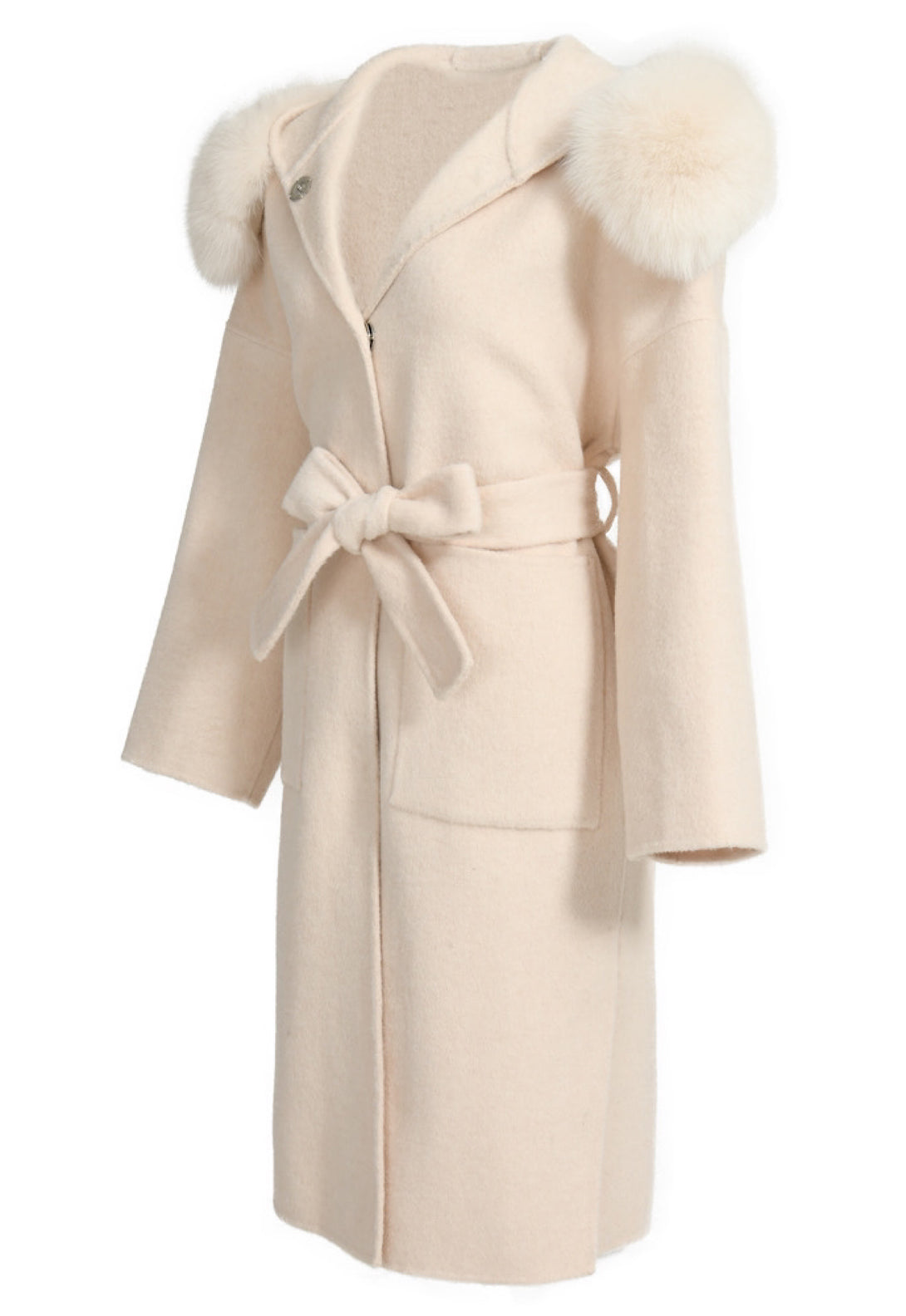 A chic long ivory cashmere coat with a hood adorned with plush fox fur trim and a matching belt. This elegant design offers both comfort and a refined silhouette for cold weather.