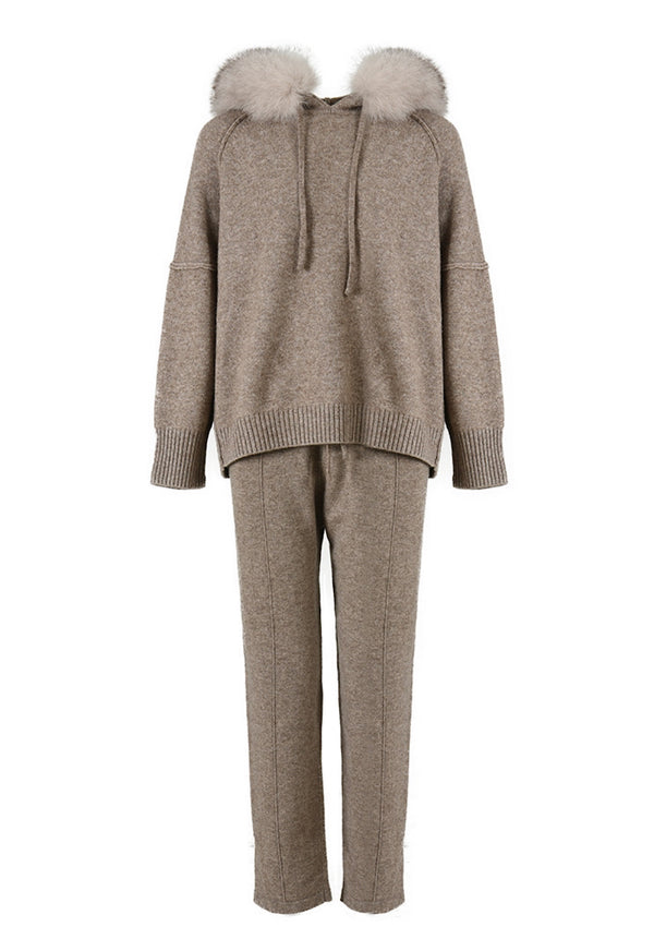 Taupe Cashmere Tracksuit with fox fur, super soft 100% cashmere wool, women's luxury loungewear in relaxed fit, ideal for cooler days