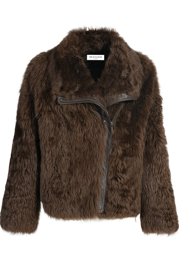 A short brown shearling jacket for women, featuring a soft, cozy interior and a sleek zipper closure. The jacket has a fitted design with a high collar and cuffed sleeves, blending warmth and style for a casual, chic look.