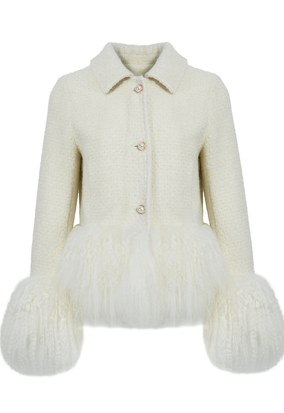 Stylish white tweed jacket for woman with elegant Mongolian fur trim and cuffs.