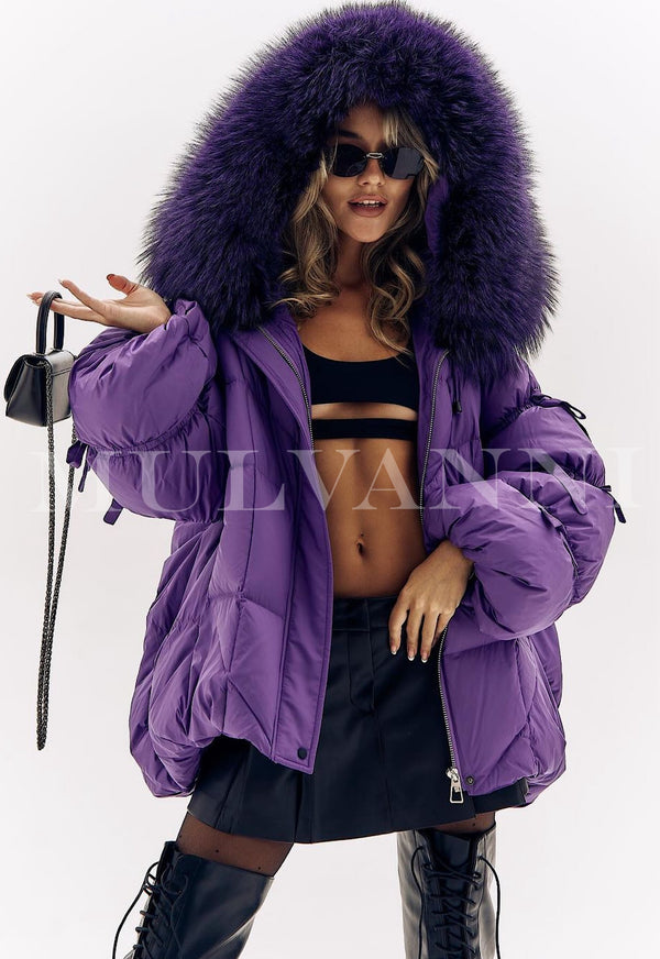 Purple Down Jacket with Fox Fur