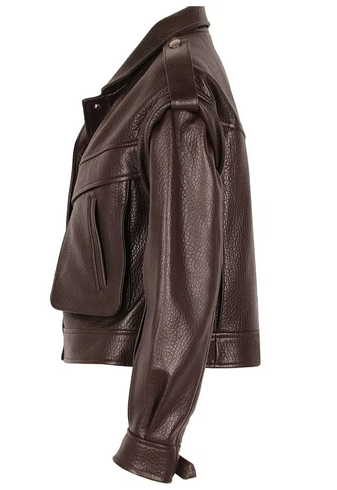 A fashionable brown leather jacket made from high-quality leather, designed to be chic and stylish for fall wardrobe.