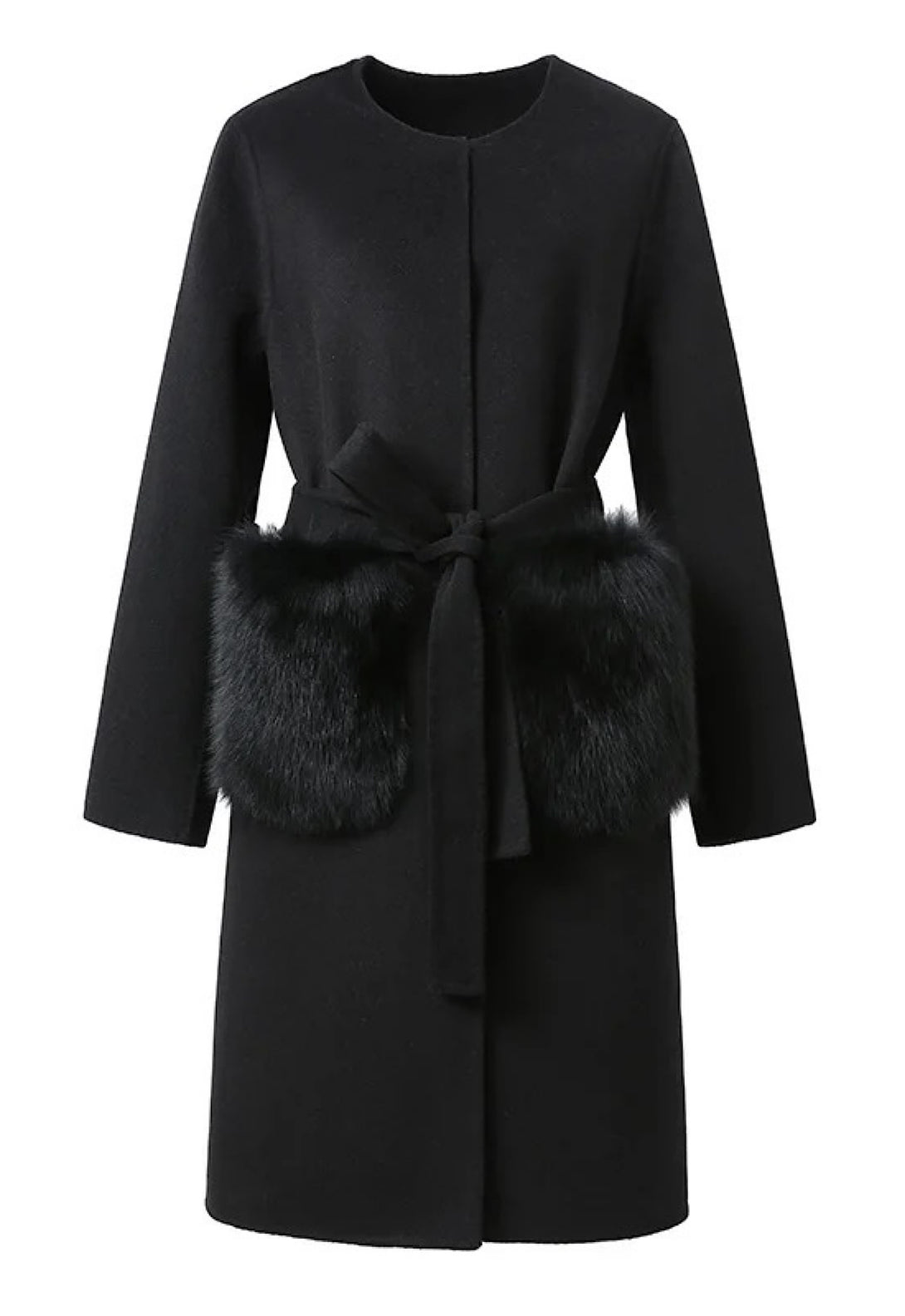 A classic black cashmere coat featuring elegant fur pockets. The coat’s timeless design and luxurious materials provide a sophisticated look, perfect for formal and stylish winter occasions.