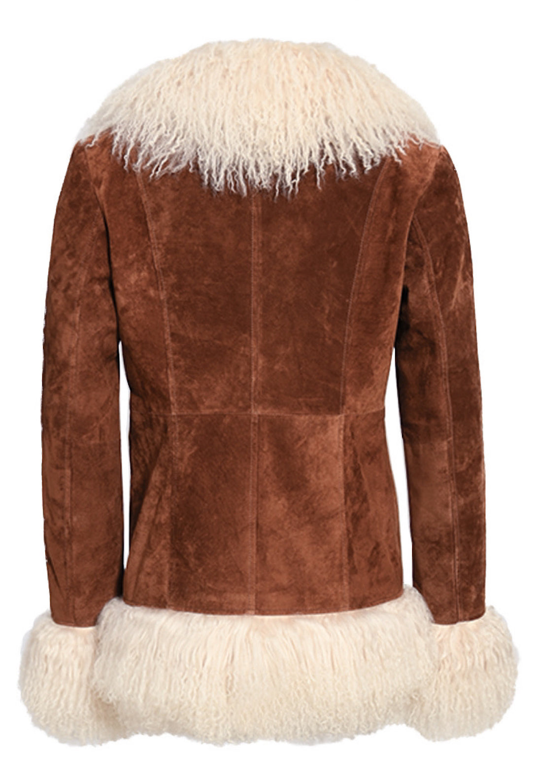 BLAIRE Suede Jacket with Mongolian Fur in brown, showing back view with luxurious fur trim on collar, cuffs, and hem, designer quality.