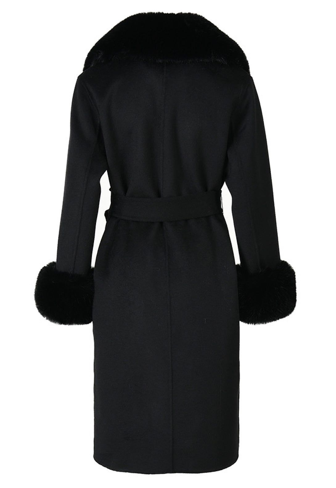 Classic black cashmere coat with faux fur detailing, offering a blend of comfort and chic style, ideal for cold-weather fashion.