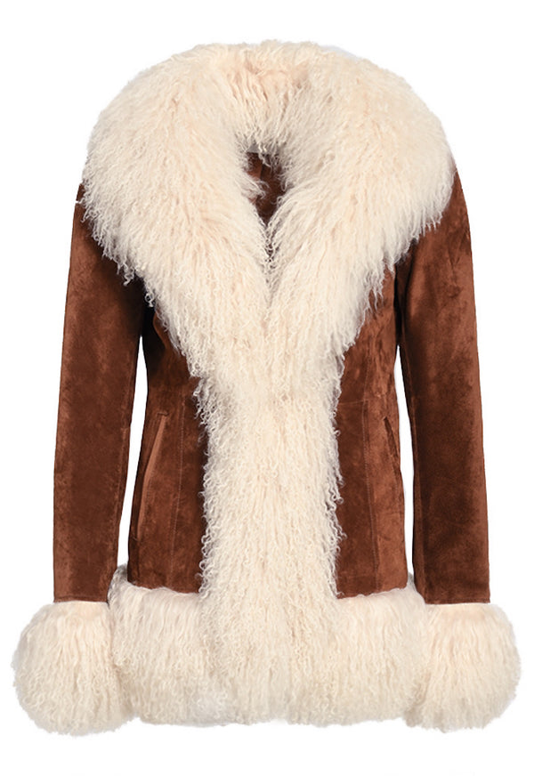 BLAIRE Suede Jacket with Mongolian Fur, brown suede with luxurious fur trim, designer quality vintage charm and modern style.