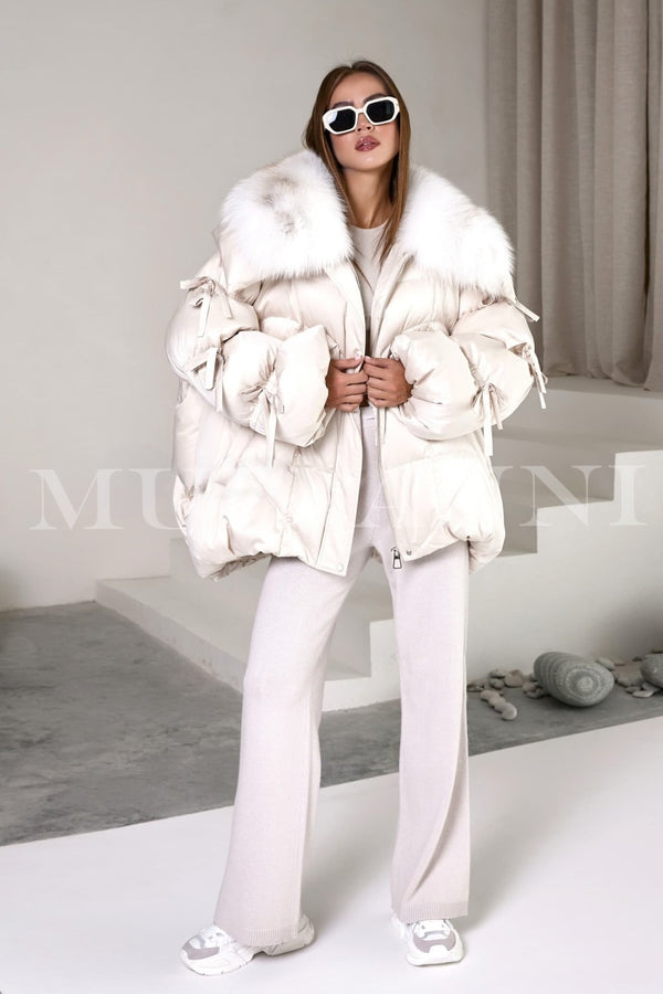 ROCHE Off White Down Fur Jacket with Fox Fur