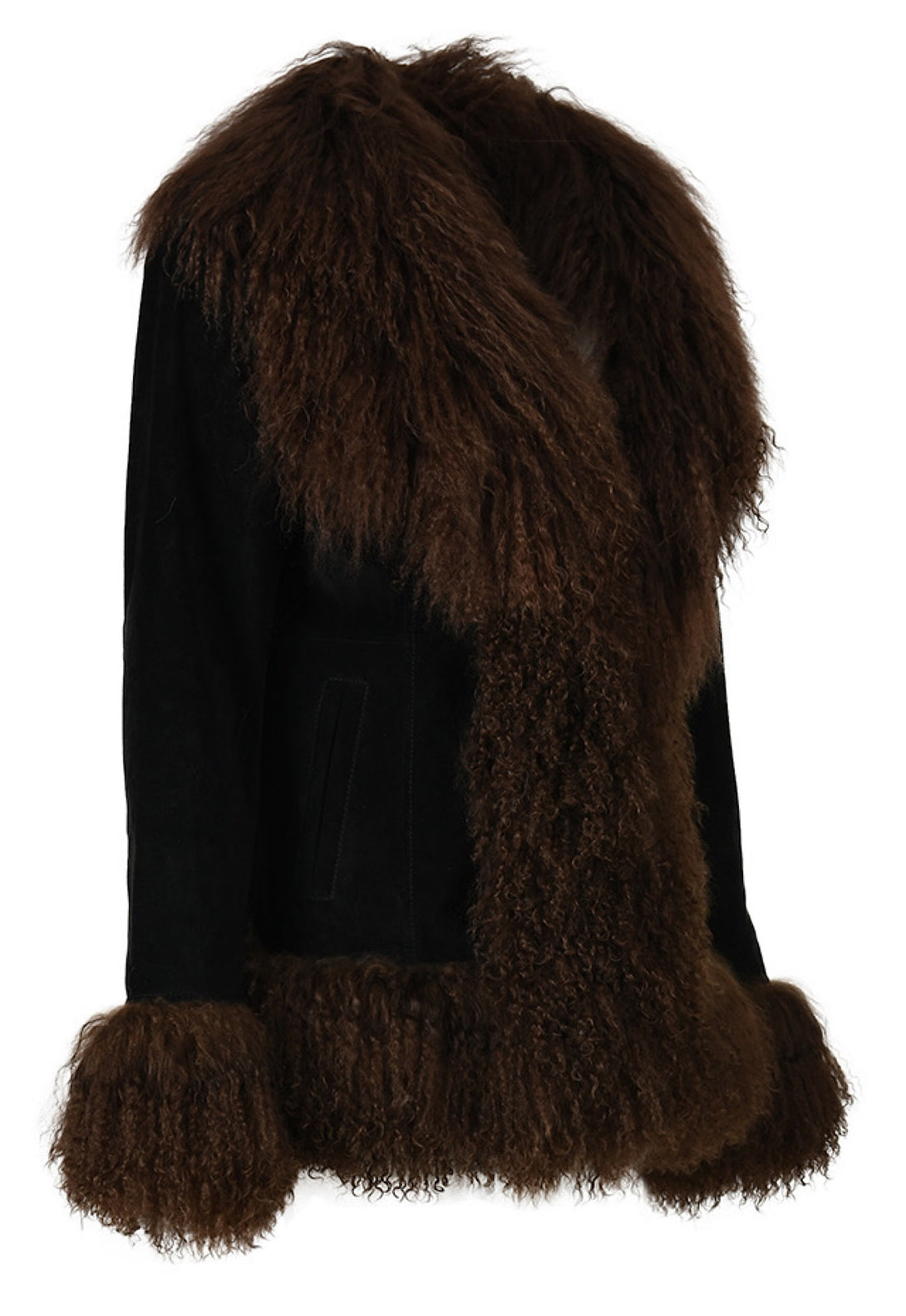 BLAIRE Suede Jacket with Mongolian Fur, brown suede with luxurious fur trim on collar, cuffs, and hem, designer quality statement piece