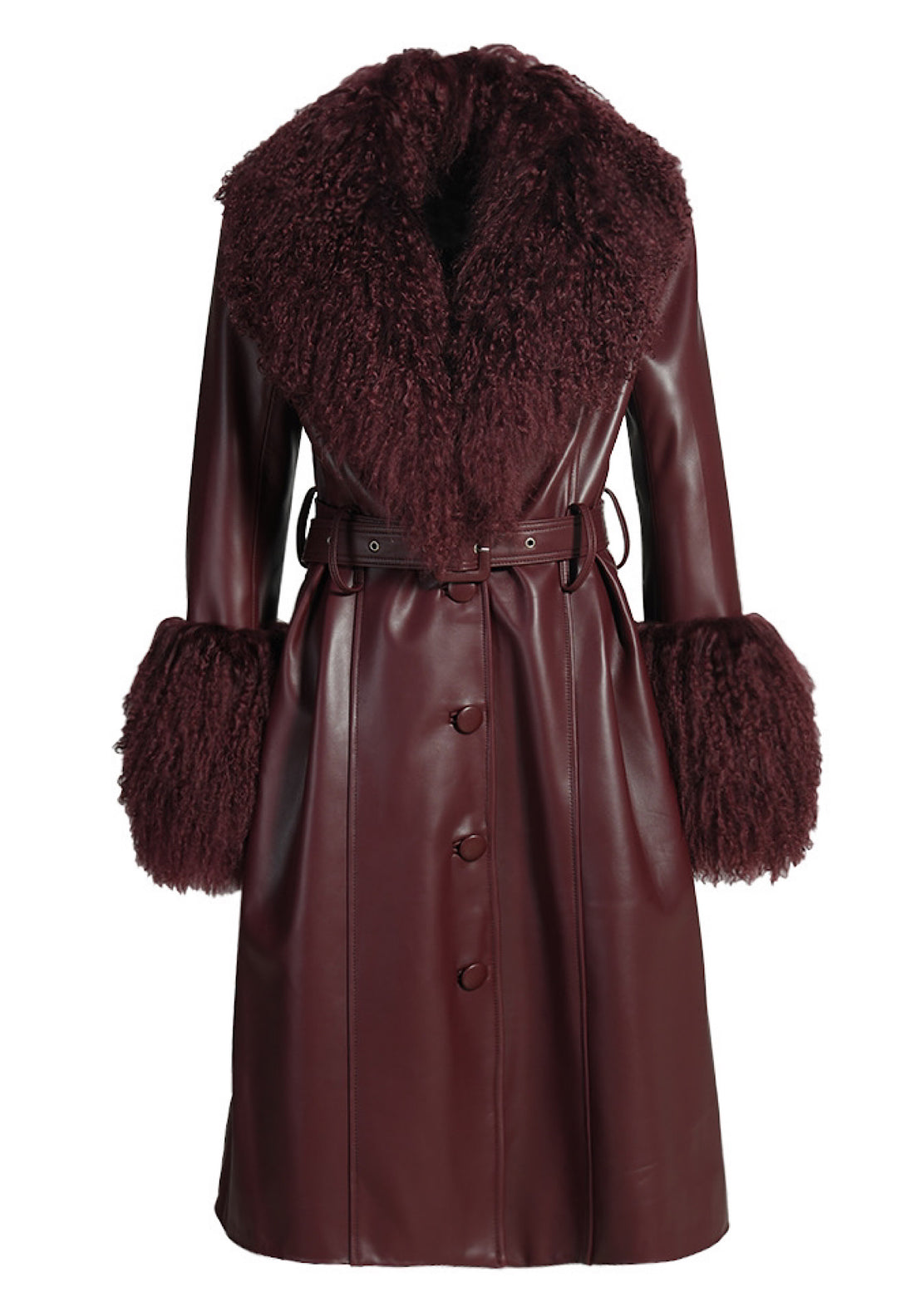 A women's burgundy trench coat with a sleek, knee-length design. The coat features a classic double-breasted front with wide lapels, a belted waist, and button details, offering a sophisticated and elegant appearance.