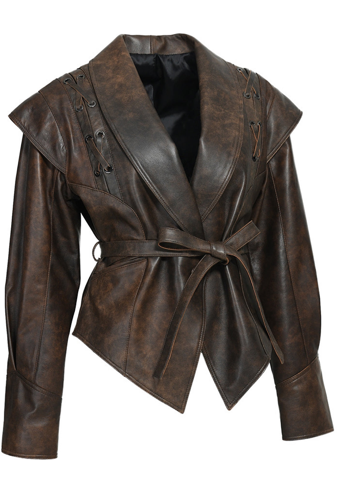 A contemporary brown leather jacket with a fitted design and a matching belt that enhances the waistline. The jacket's modern aesthetic and rich texture make it a versatile piece for various occasions.