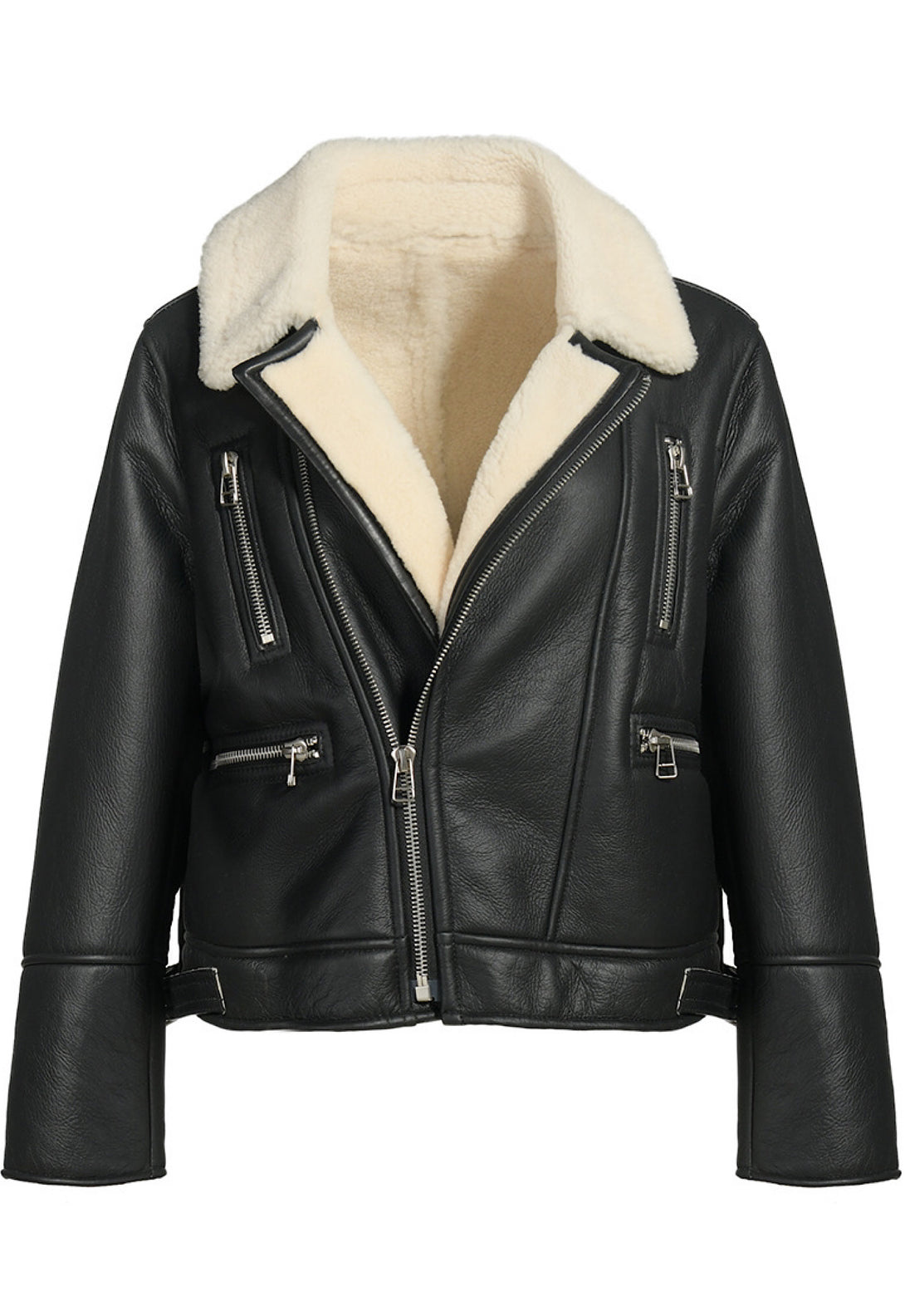 Aviator leather jacket with shearling lining, featuring premium sheepskin leather, durable zippers, and a luxurious texture for timeless style.