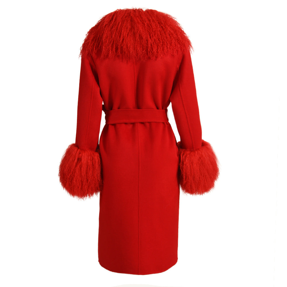 Red Cashmere Coat with Mongolian Fur, featuring detachable plush fur collar and cuffs, golden buttons, and matching cashmere belt for a defined waistline