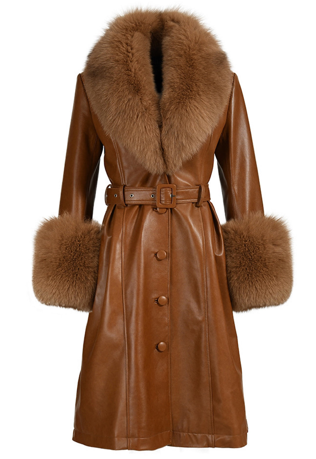 Sophisticated ADARA brown leather trench coat for women, featuring luxurious fox fur detailing, combining designer elegance with timeless style.