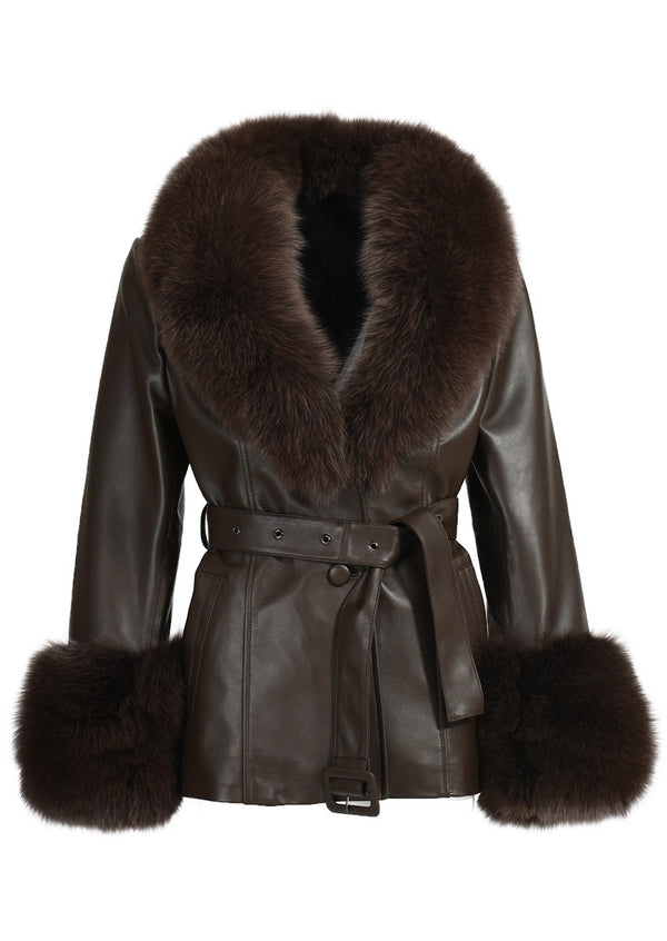 Brown Leather Jacket with Fox Fur
