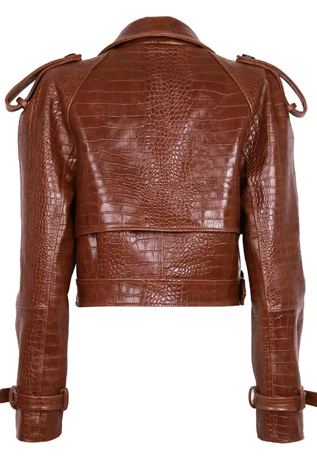 Women's trendy cropped leather jacket with an embossed finish, offering a snug silhouette and contemporary style. The jacket includes structured shoulders, and decorative details, making it a standout piece for any wardrobe.