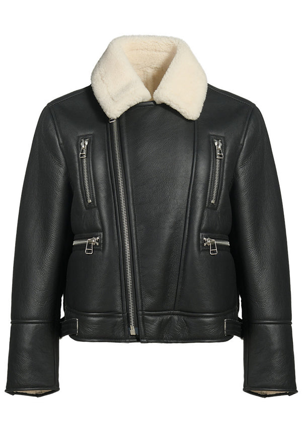 Aviator-inspired leather jacket with shearling collar, featuring a rugged design and luxurious comfort from premium sheepskin leather