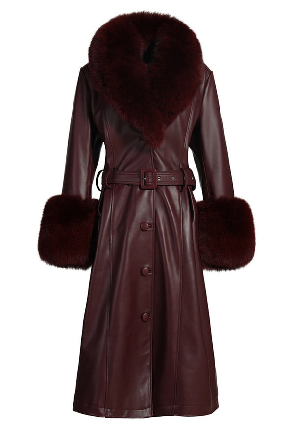 ADARA Burgundy Leather Trench Coat with Fox Fur, high quality Italian-designed lambskin trench coat with fox fur collar and cuffs.