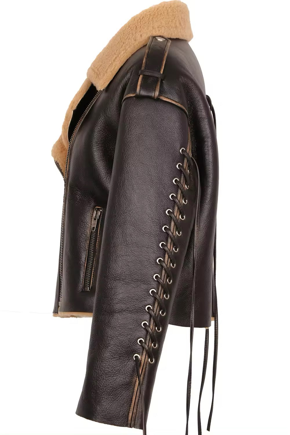 High-quality black leather shearling jacket for woman featuring a warm brown interior.