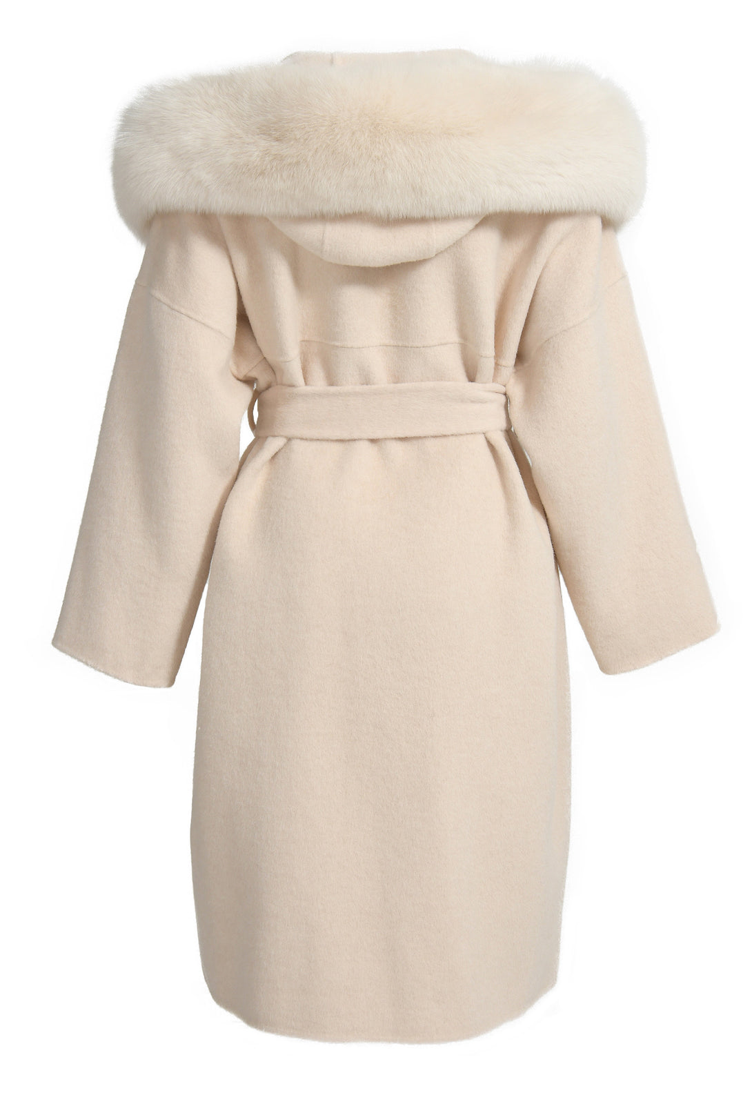 A stylish long ivory cashmere coat equipped with a hood and luxurious fox fur trim, cinched at the waist with a belt. The coat’s rich texture and sophisticated details create a timeless winter look.