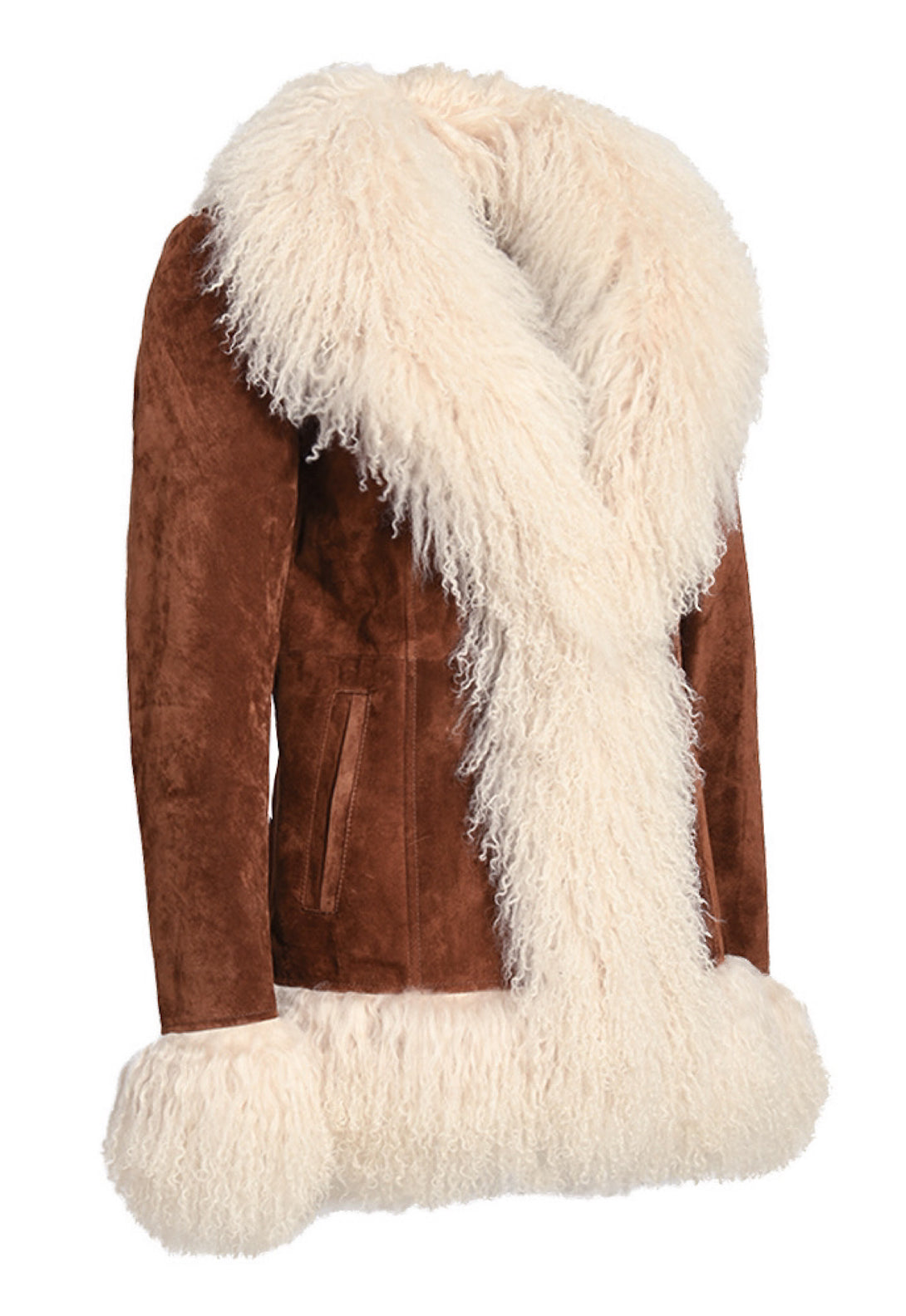 BLAIRE Suede Jacket with Mongolian Fur, a designer-quality brown suede jacket with luxurious Mongolian fur trim on collar, cuffs, and hem.