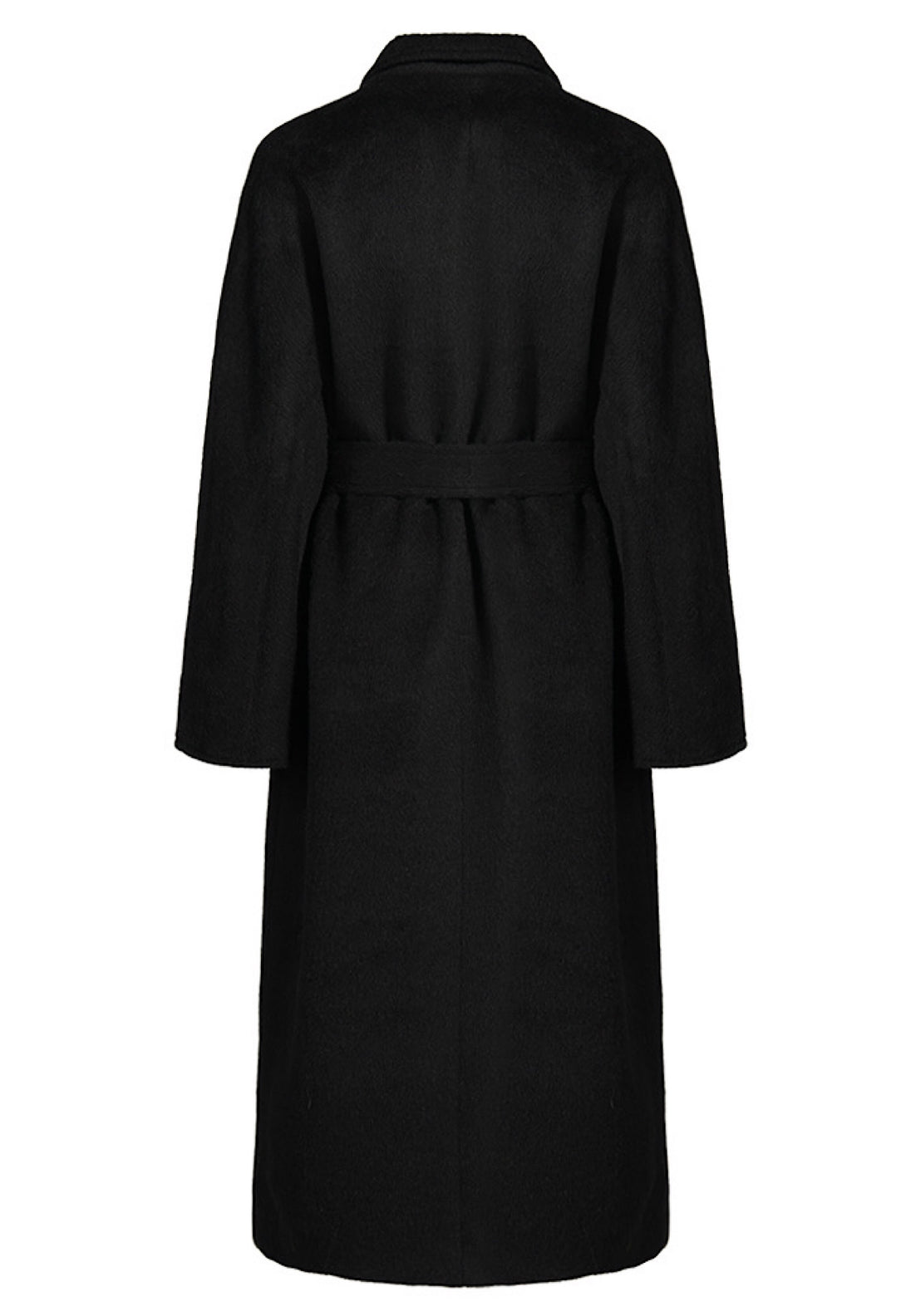 Designer black coat for woman crafted from soft alpaca wool and cashmere, providing both warmth and high-end style for winter fashion. 