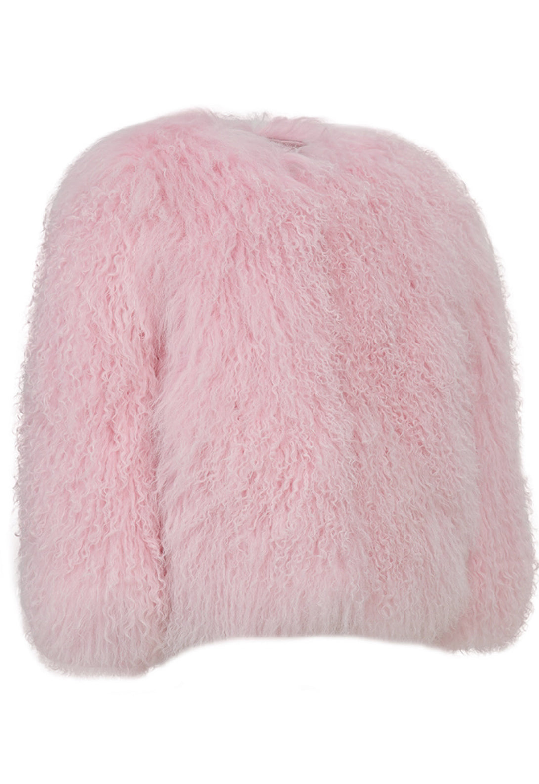 A baby pink Mongolian coat, highlighting the coat's plush fur and vibrant color. This statement piece combines warmth with a chic, modern aesthetic.