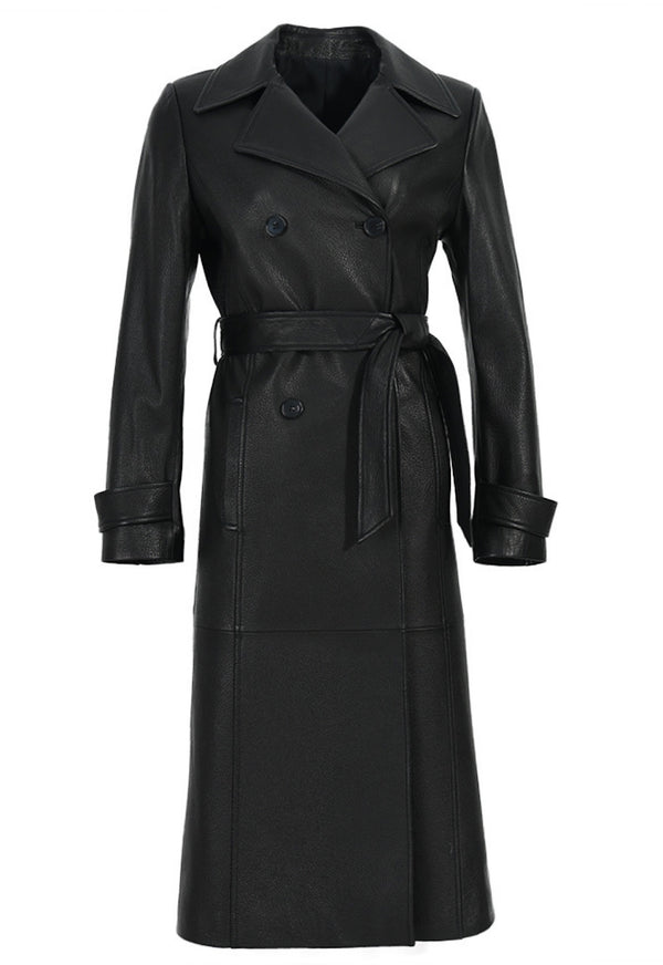 Stylish long black leather trench coat with a sleek and modern design.