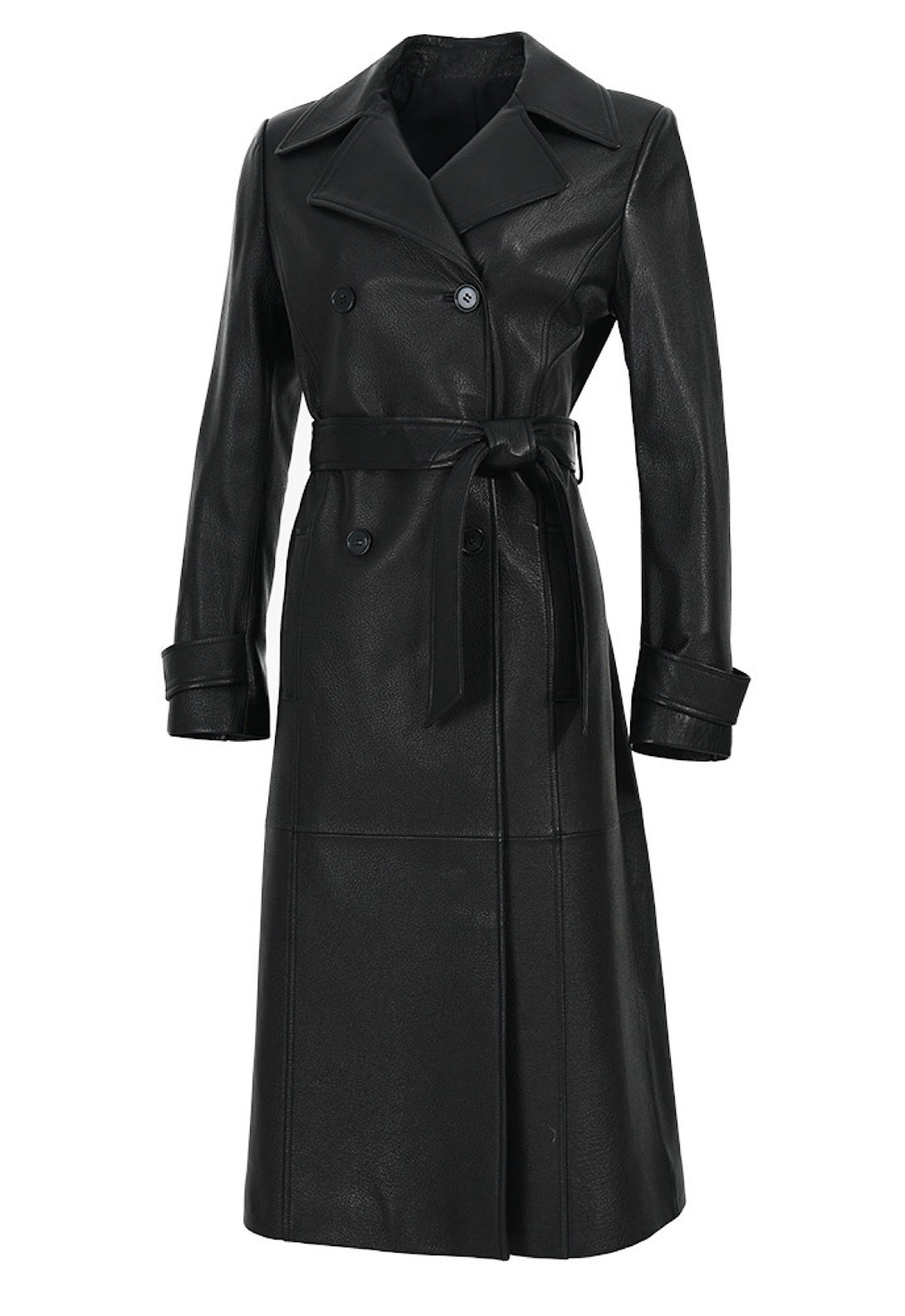 Chic black lambskin leather trench coat perfect for a sophisticated statement.