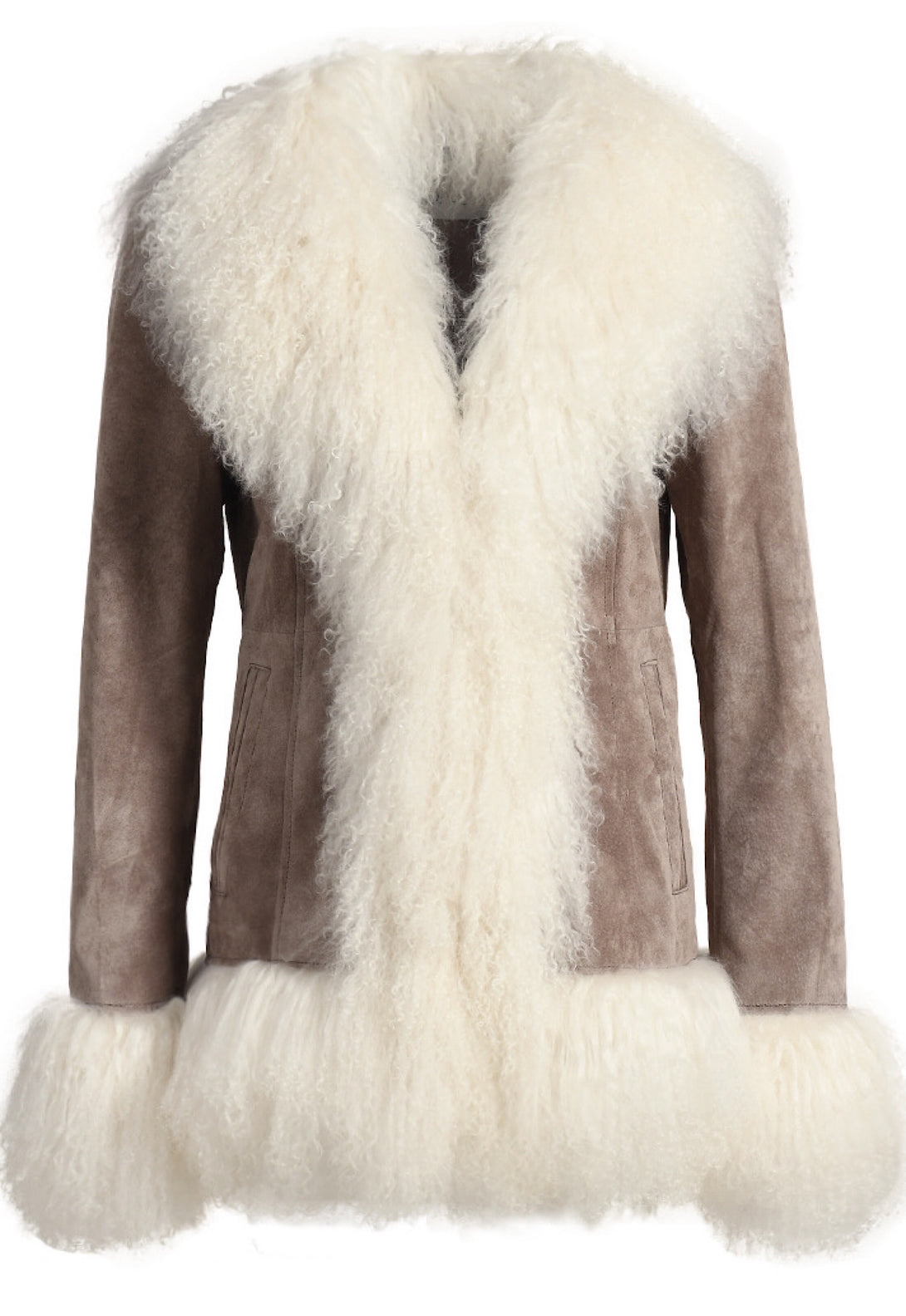 BLAIRE Suede Jacket with Mongolian Fur - designer quality brown suede jacket with luxurious white fur trim on collar, cuffs, and hem.