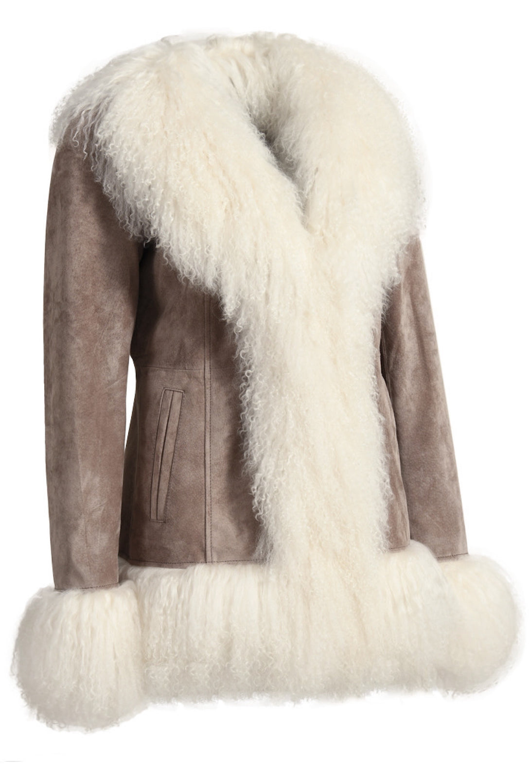 BLAIRE Suede Jacket with luxurious Mongolian fur trim on collar, cuffs, and hem, showcasing designer quality and vintage charm.