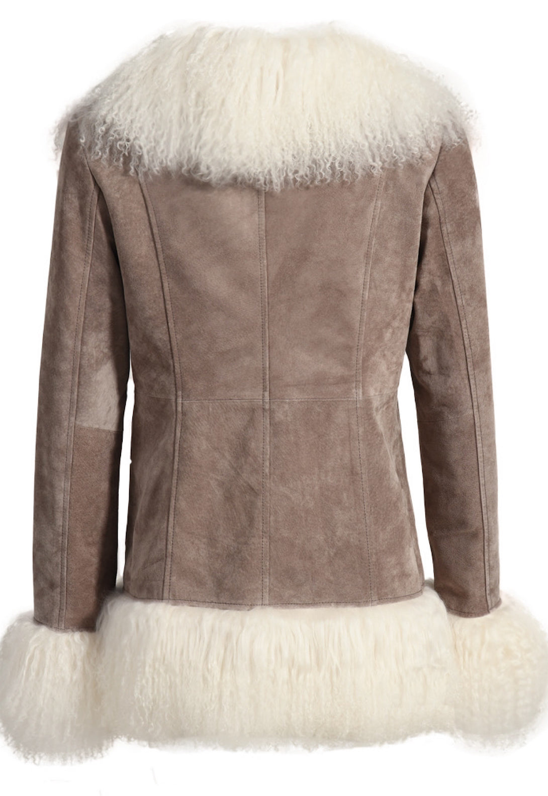 BLAIRE Suede Jacket with Mongolian Fur - back view showcasing luxurious brown suede and designer quality Mongolian fur trim on collar, cuffs, and hem