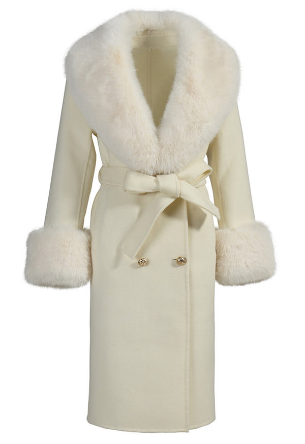 Elegant white cashmere coat with luxurious white faux fur trim, featuring a sleek design and tailored fit for a sophisticated look.