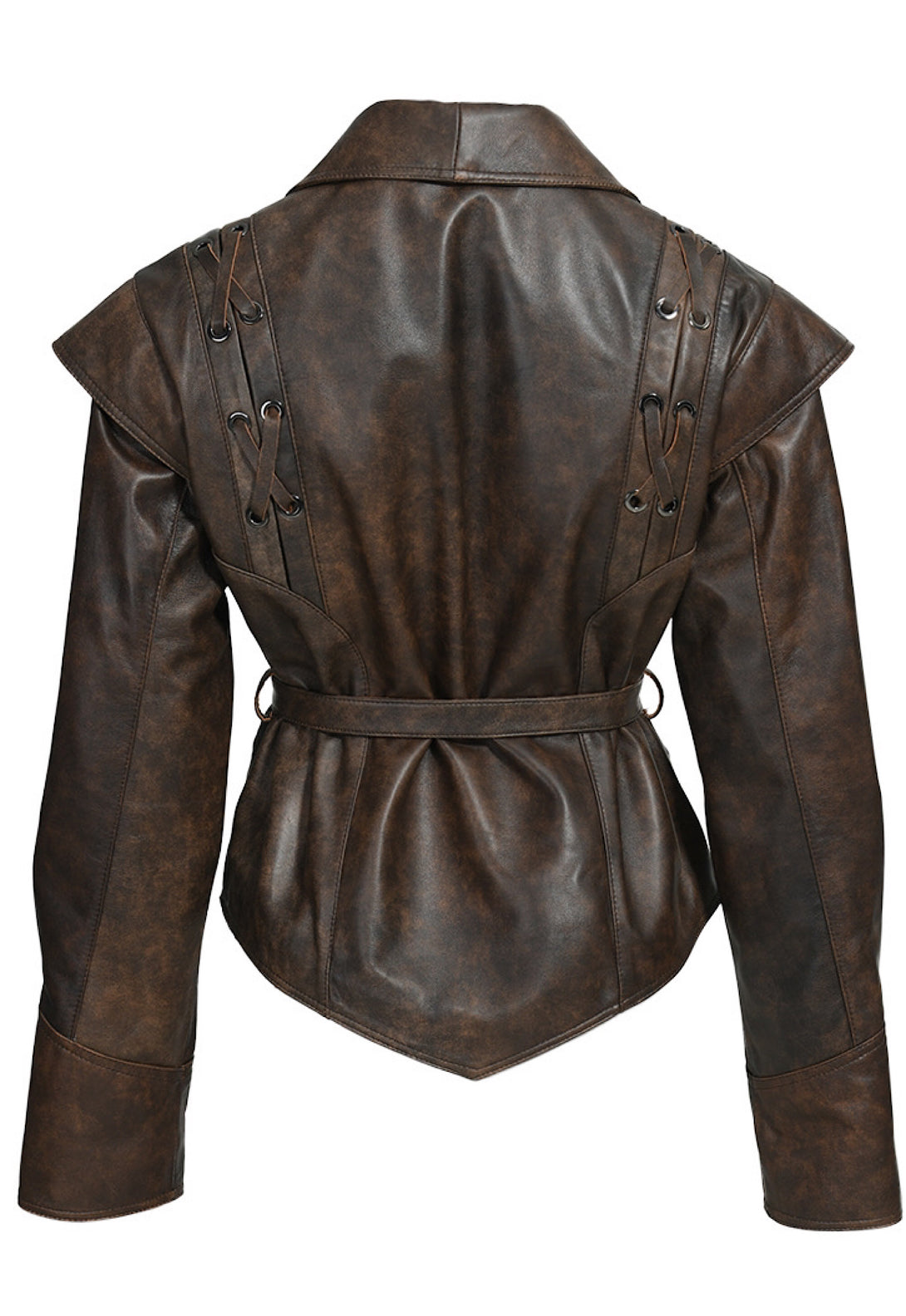 A stylish brown leather jacket featuring a modern cut and a coordinating belt. The jacket's sleek lines and high-quality material provide a chic look, perfect for adding sophistication to any outfit.