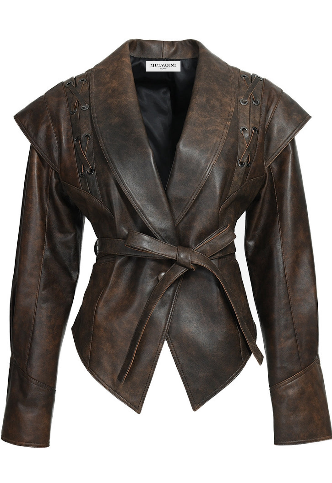 A modern brown leather jacket featuring a sleek design and a matching belt that cinches the waist. The jacket showcases a contemporary silhouette, making it a stylish choice for both casual and upscale outfits.