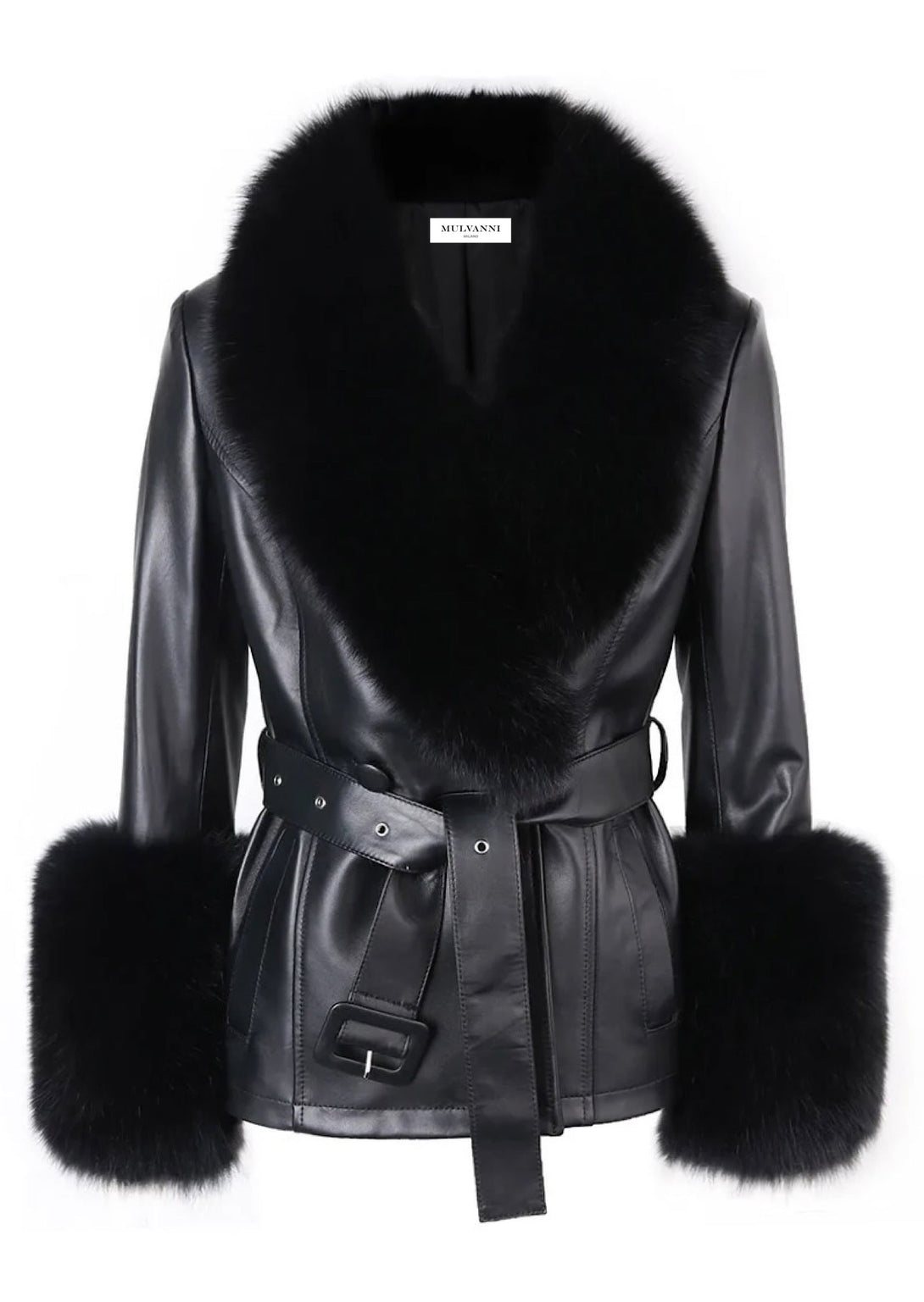 A stylish black leather short jacket for women featuring plush fox fur cuffs and a large black fox fur collar. The combination of leather and fur creates a chic, edgy look perfect for winter.