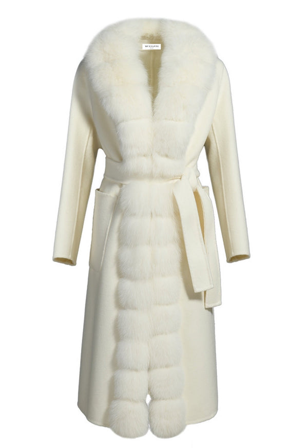 Off white cashmere coat with genuine fox fur trim with matching belt. 