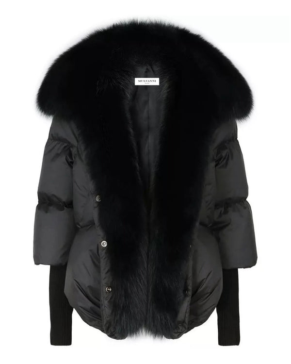 A sleek black down jacket with luxurious fox fur trim along the hood. The combination of the warm down insulation and the plush fur adds both style and warmth for winter.